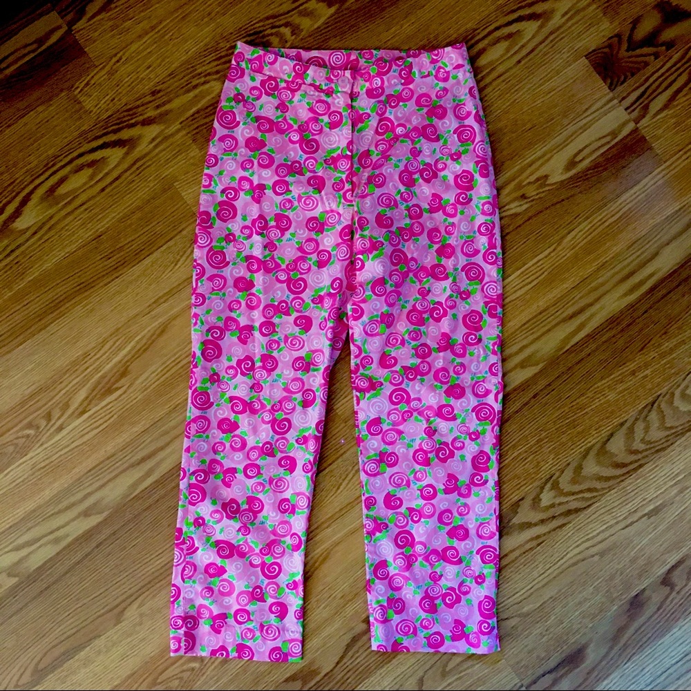 Lilly Pulitzer lightweight‎ cotton cropped pants Pink Green Snails Sz 0